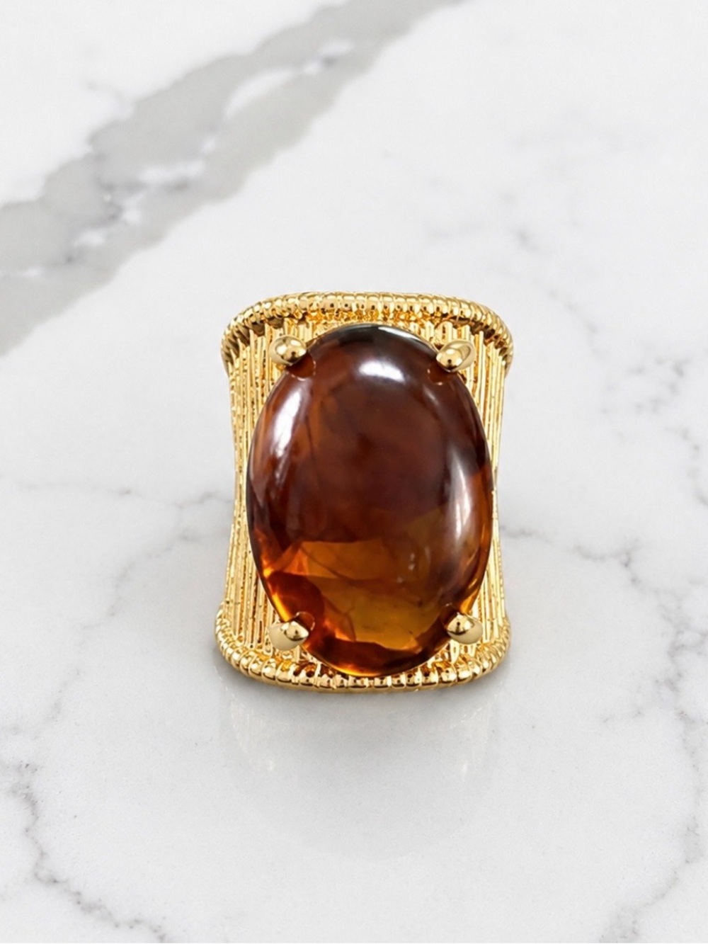 Gold-Tone Ring with Amber Brown Oval Stone